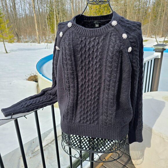 Ann Taylor Black cableknit Sweater with Rhinestone Floral Accent, size L, EUC - Picture 3 of 9